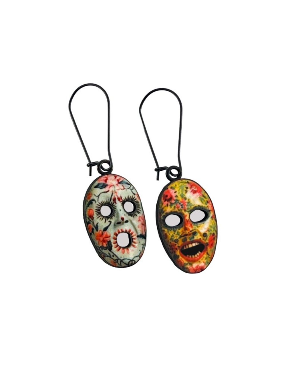 Dramatic Mask Statement Earrings Floral Theatre Style — Black Kidney Wires